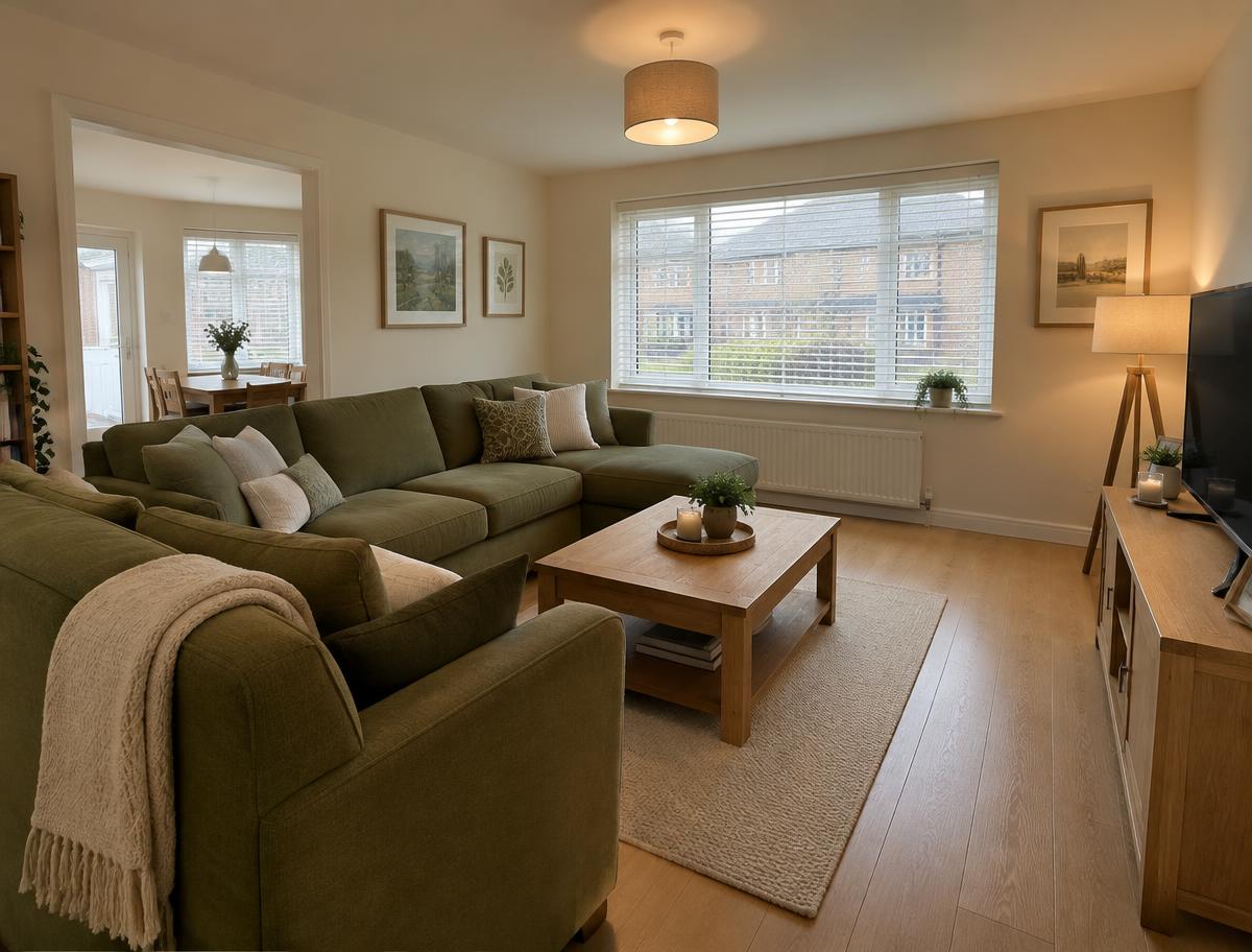 Warm UK townhouse living room with olive sofa and oak-effect floor