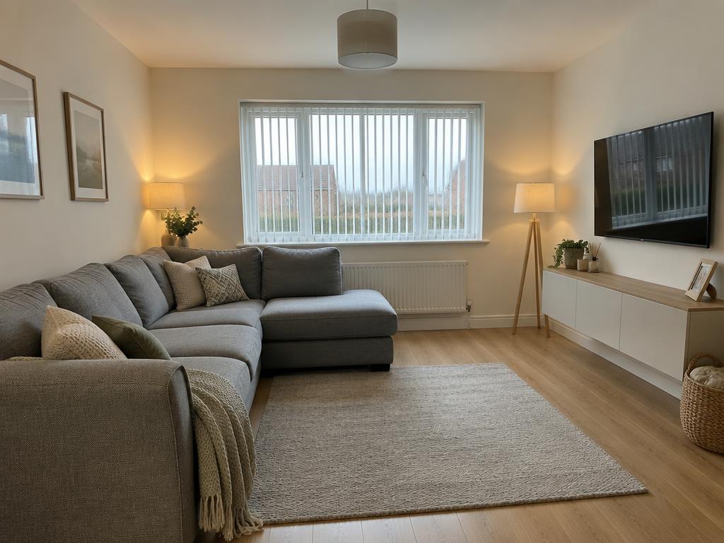 Cosy UK townhouse living room with grey corner sofa and wall-mounted TV