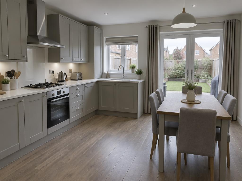 UK townhouse kitchen-diner with grey shaker cabinets and patio doors to the garden